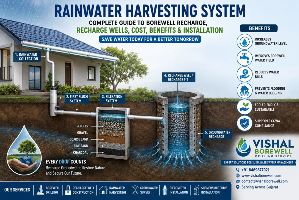 Rainwater Harvesting System Complete Guide to Borewell Recharge, Recharge Wells, Cost, Benefits & Installation